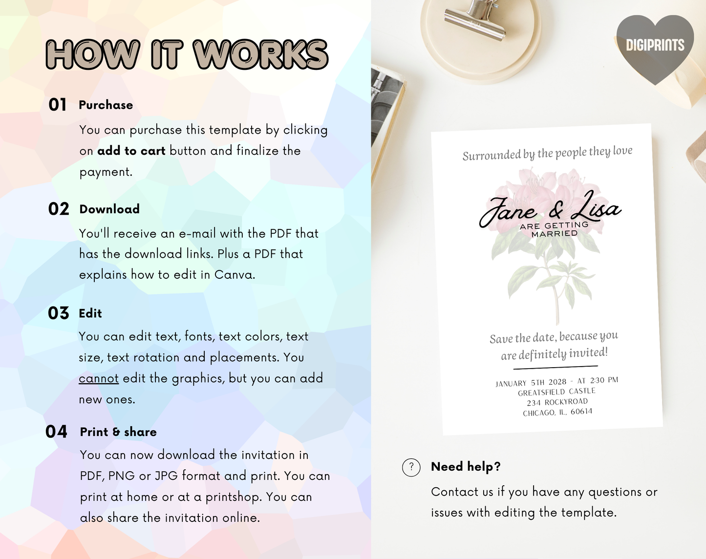Botanical Floral Wedding Invitation Template | Editable Canva Template | 5x7in & WhatsApp | Digital Download