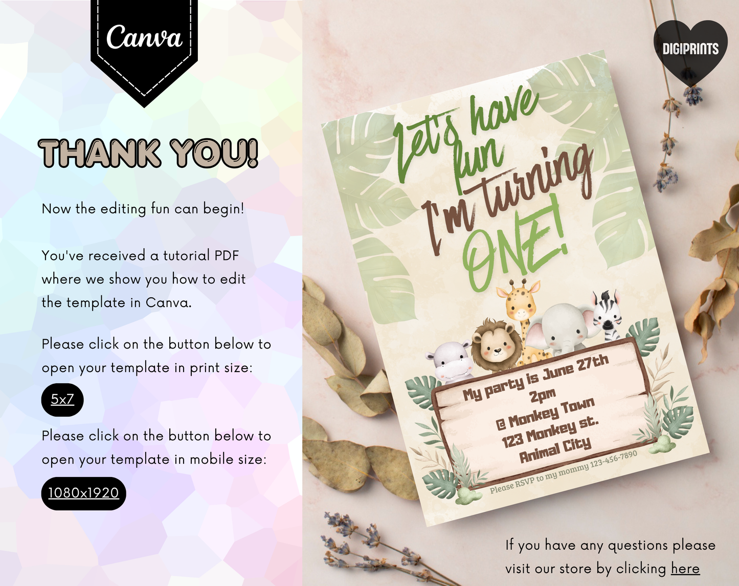 Jungle First Birthday Invitation Template | Editable Canva Template | 5x7in & WhatsApp | Digital Download