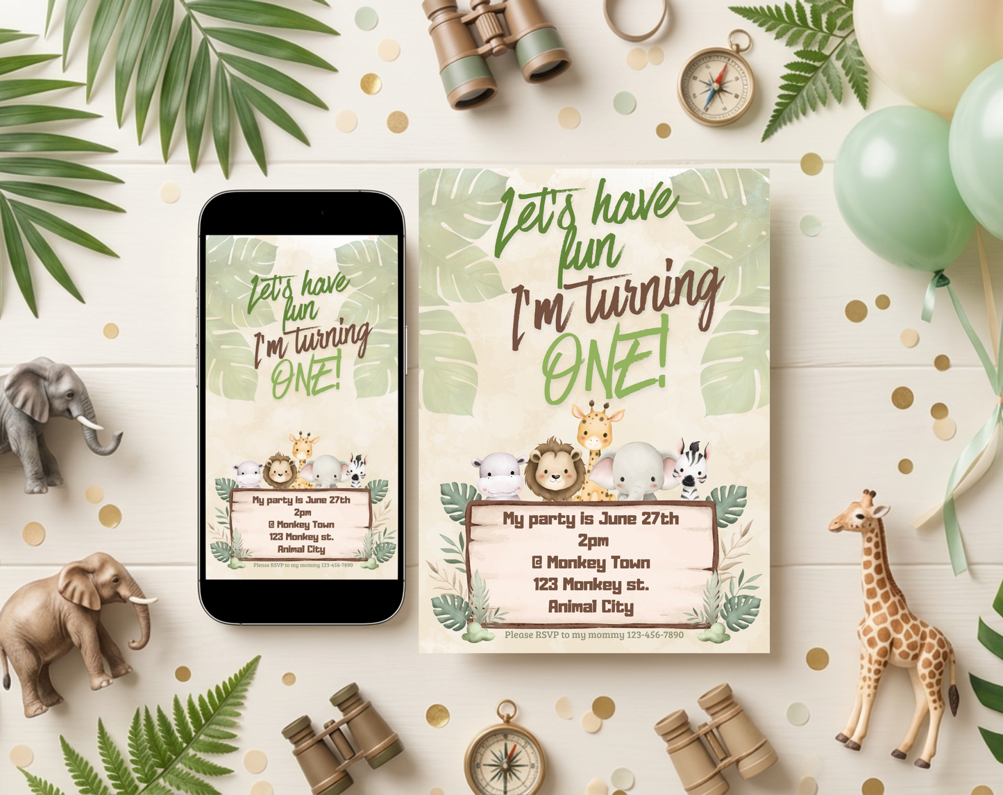 Jungle First Birthday Invitation Template | Editable Canva Template | 5x7in & WhatsApp | Digital Download