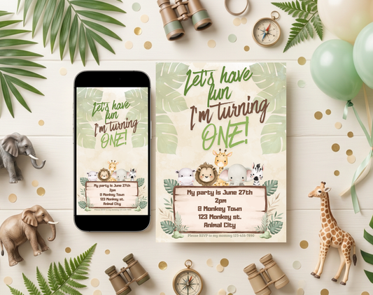 Jungle First Birthday Invitation Template | Editable Canva Template | 5x7in & WhatsApp | Digital Download