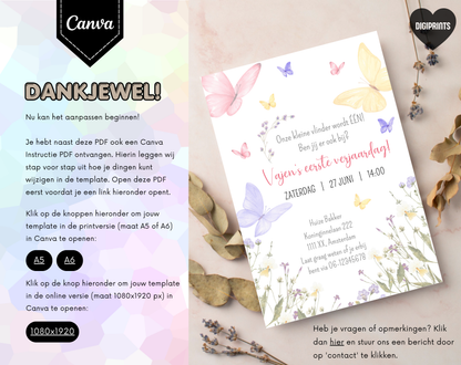 Vlinder Kinderfeestje Uitnodigingstemplate | Bewerkbare Canva Template | A5, A6 & WhatsApp | Digitale Download