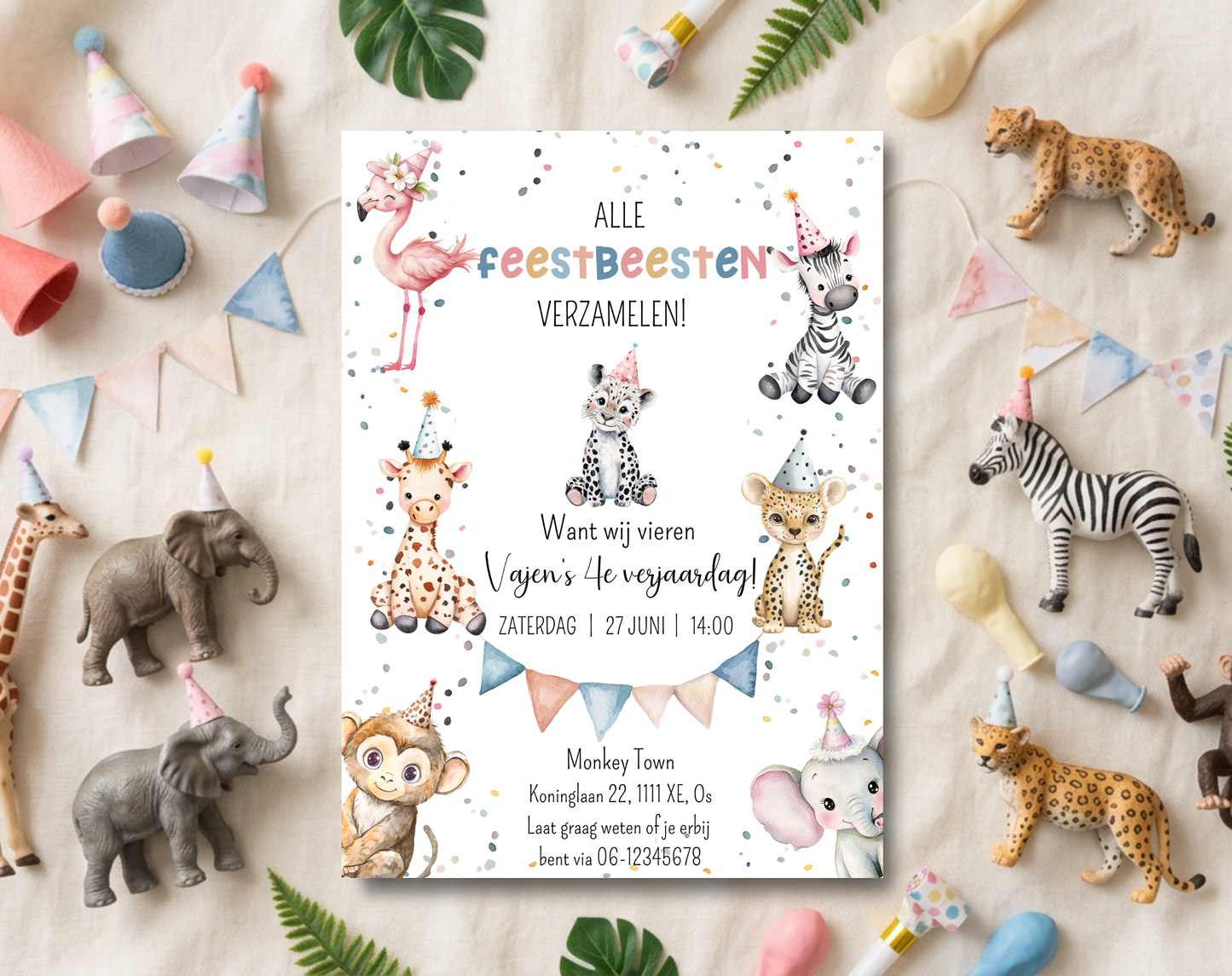 Jungle Dieren Kinderfeestje Uitnodigingstemplate | Bewerkbare Canva Template | A5, A6 & WhatsApp | Digitale Download