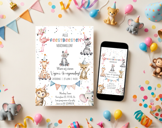 Jungle Animal Kids Birthday Party Invitation Template | Editable Canva Template | A5, A6 & WhatsApp | Digital Download