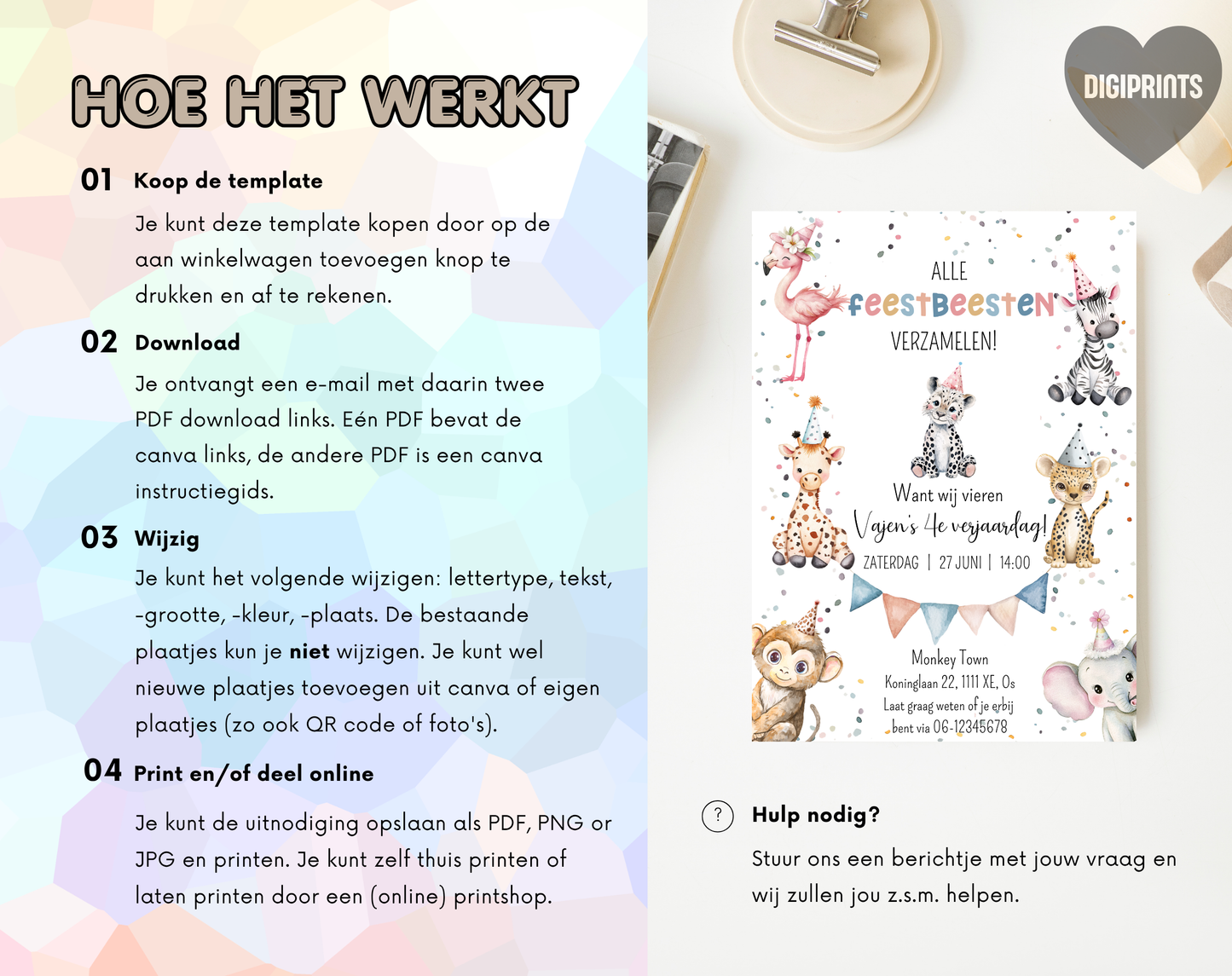 Jungle Dieren Kinderfeestje Uitnodigingstemplate | Bewerkbare Canva Template | A5, A6 & WhatsApp | Digitale Download