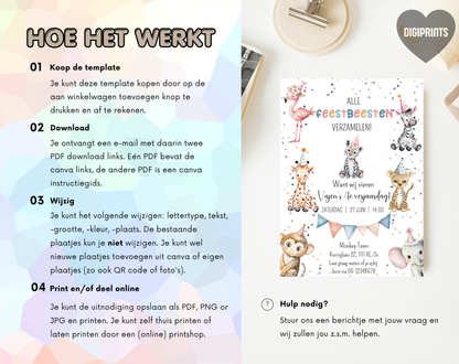 Jungle Dieren Kinderfeestje Uitnodigingstemplate | Bewerkbare Canva Template | A5, A6 & WhatsApp | Digitale Download