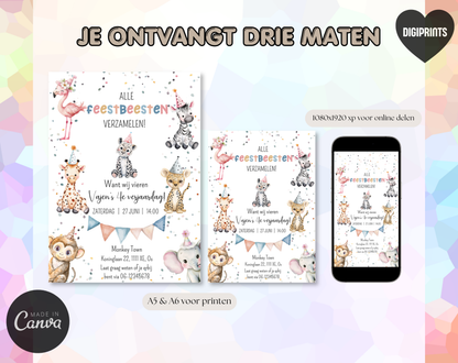 Jungle Dieren Kinderfeestje Uitnodigingstemplate | Bewerkbare Canva Template | A5, A6 & WhatsApp | Digitale Download