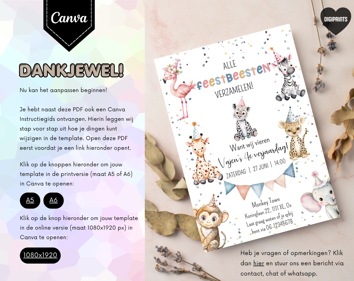 Jungle Dieren Kinderfeestje Uitnodigingstemplate | Bewerkbare Canva Template | A5, A6 & WhatsApp | Digitale Download