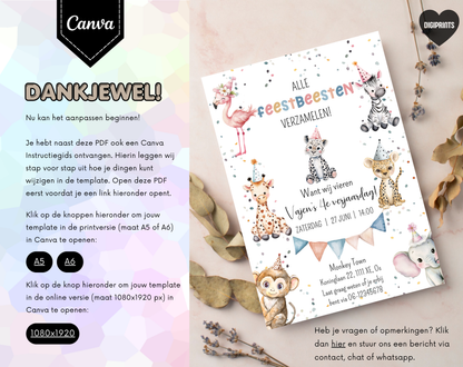 Jungle Dieren Kinderfeestje Uitnodigingstemplate | Bewerkbare Canva Template | A5, A6 & WhatsApp | Digitale Download