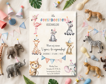 Jungle Dieren Kinderfeestje Uitnodigingstemplate Beige | Bewerkbare Canva Template | A5, A6 & WhatsApp | Digitale Download