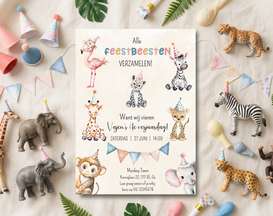 Jungle Dieren Kinderfeestje Uitnodigingstemplate Beige | Bewerkbare Canva Template | A5, A6 & WhatsApp | Digitale Download