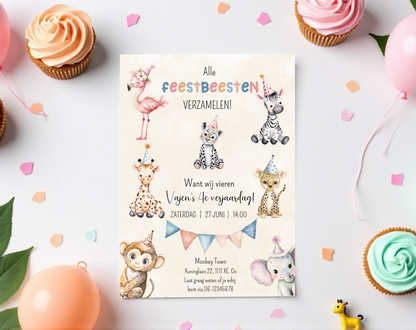 Jungle Dieren Kinderfeestje Uitnodigingstemplate Beige | Bewerkbare Canva Template | A5, A6 & WhatsApp | Digitale Download
