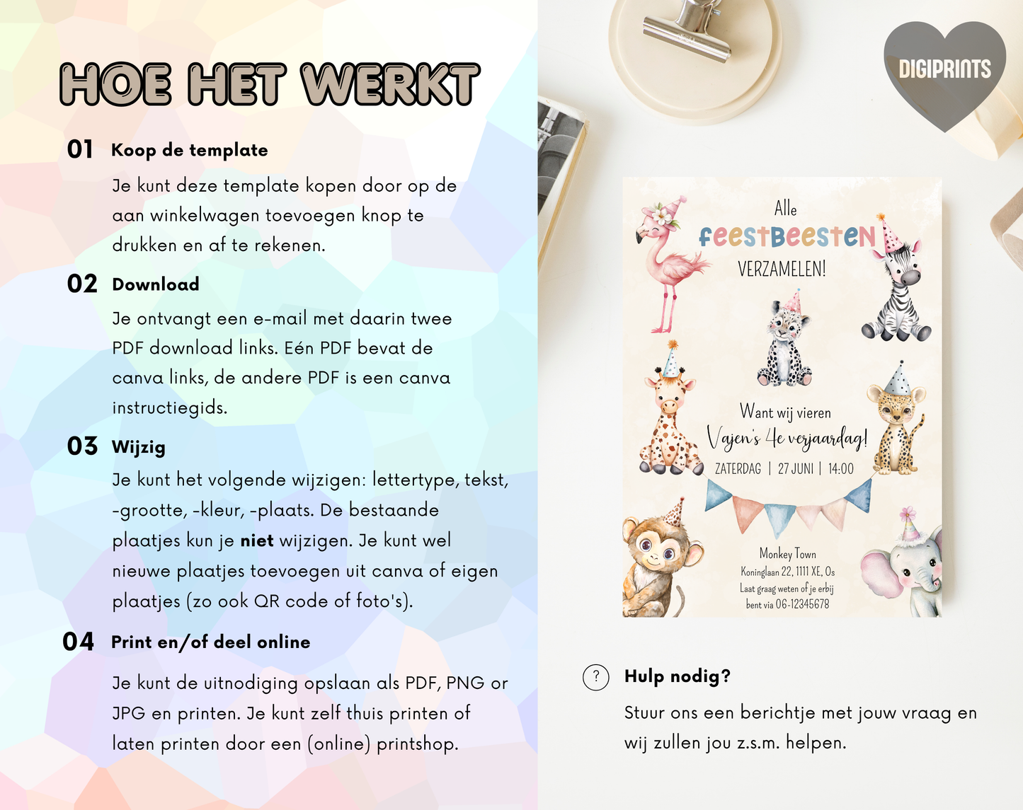 Jungle Dieren Kinderfeestje Uitnodigingstemplate Beige | Bewerkbare Canva Template | A5, A6 & WhatsApp | Digitale Download