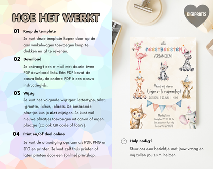 Jungle Dieren Kinderfeestje Uitnodigingstemplate Beige | Bewerkbare Canva Template | A5, A6 & WhatsApp | Digitale Download