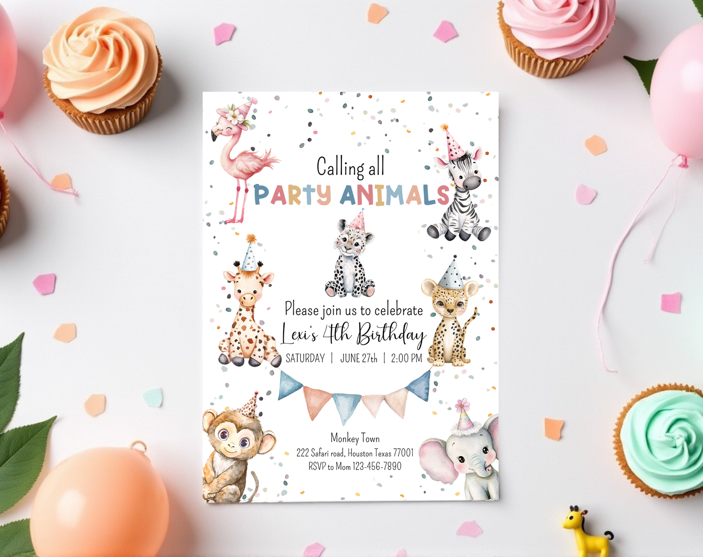 Party Animals Fourth Birthday Invitation Template | Editable Canva Template | 5x7in & WhatsApp | Digital Download