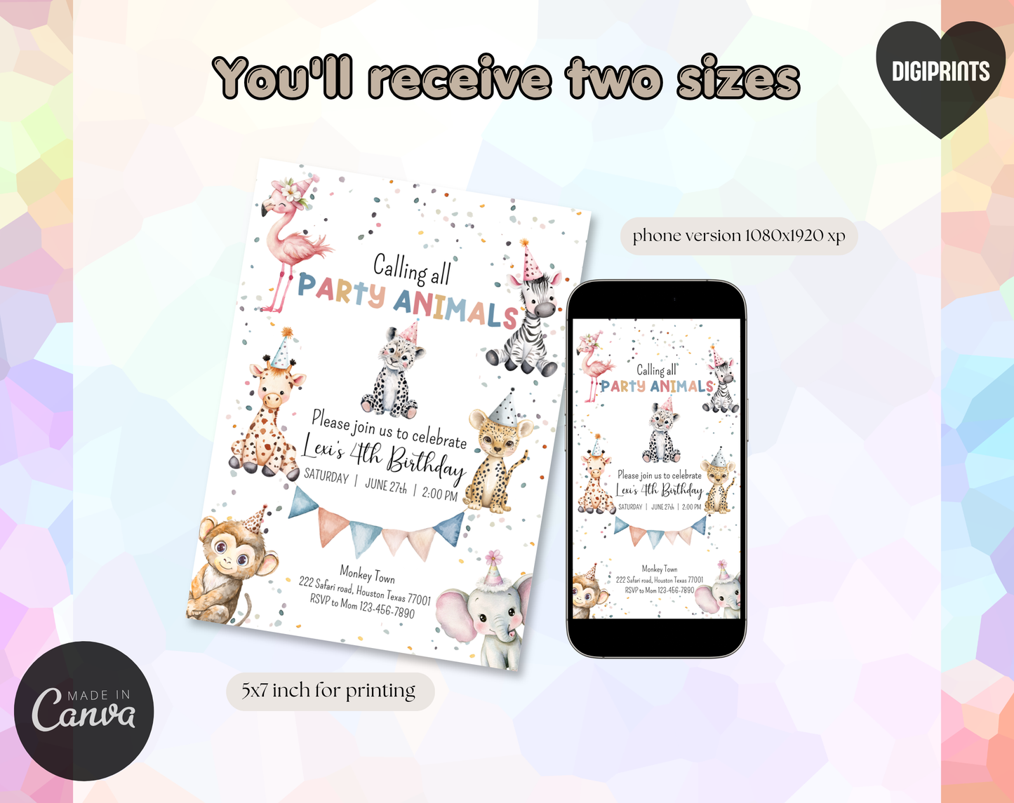 Party Animals Fourth Birthday Invitation Template | Editable Canva Template | 5x7in & WhatsApp | Digital Download