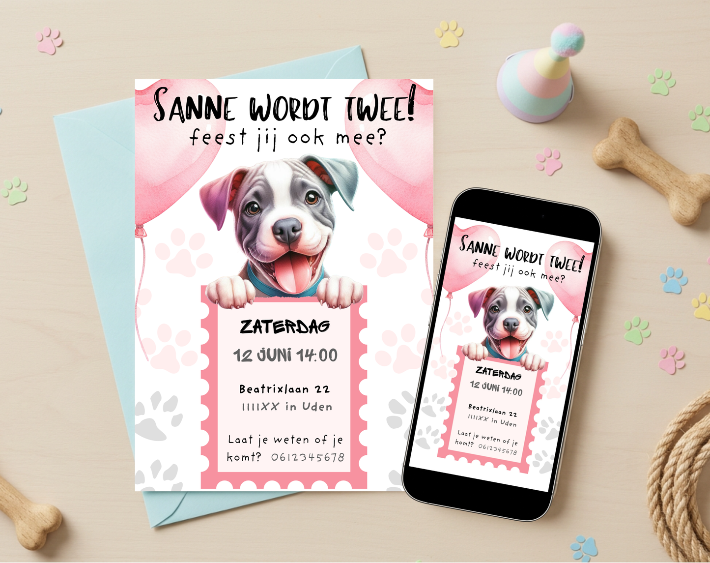 Puppy Roze Verjaardagsuitnodiging Canva Template | Meisjesfeest of Hondenkind | A5, A6 & WhatsApp | Digitale Download