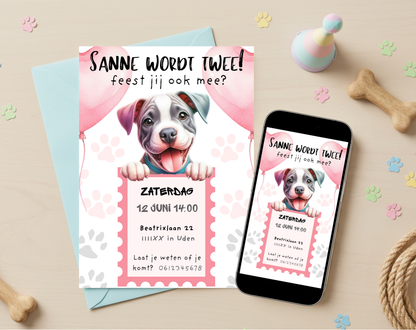 Puppy Roze Verjaardagsuitnodiging Canva Template | Meisjesfeest of Hondenkind | A5, A6 & WhatsApp | Digitale Download