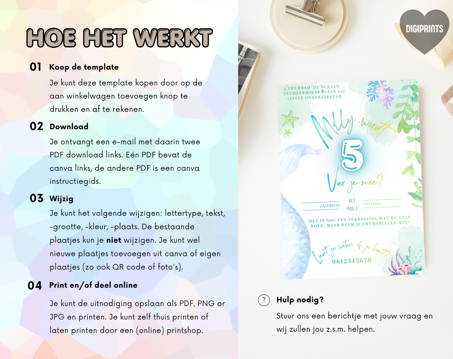Zeemeermin 5e Verjaardag Uitnodigingstemplate | Bewerkbare Canva Template | A5, A6 & WhatsApp | Digitale Download