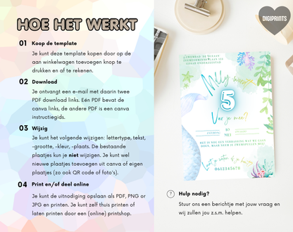 Zeemeermin 5e Verjaardag Uitnodigingstemplate | Bewerkbare Canva Template | A5, A6 & WhatsApp | Digitale Download