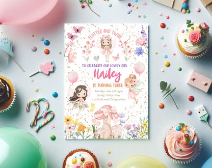 Fairy Garden Third Birthday Invitation Template | Editable Canva Template | 5x7in & WhatsApp | Digital Download