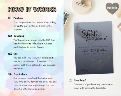 Surprise 40th Birthday Invitation Template Silver Black | Editable Canva Template | 5x7in & WhatsApp | Digital Download