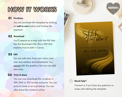 Surprise 40th Birthday Invitation Template Gold Black | Editable Canva Template | 5x7in & WhatsApp | Digital Download