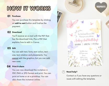 Butterfly First Birthday Invitation Template | Editable Canva Template | 5x7in & WhatsApp | Digital Download
