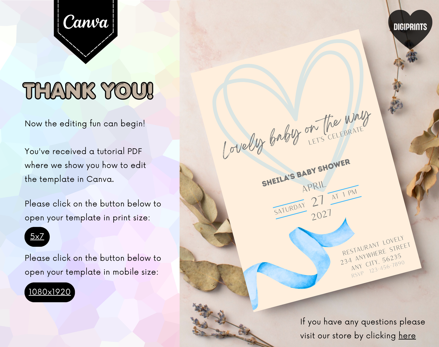 Boho Blue Baby Shower Invitation Template | Editable Canva Template | 5x7in & WhatsApp | Digital Download