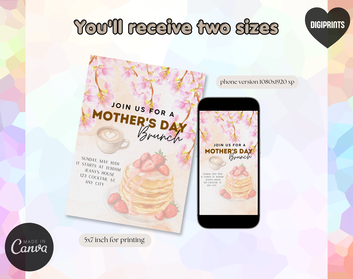 Mother's Day Brunch Pancakes Invitation Template | Editable Canva Template | 5x7in & WhatsApp | Digital Download