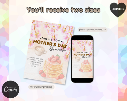 Mother's Day Brunch Pancakes Invitation Template | Editable Canva Template | 5x7in & WhatsApp | Digital Download