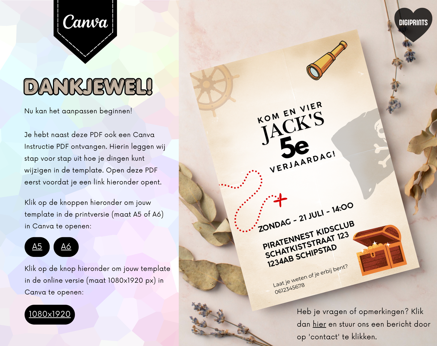 Piraat 5e Verjaardag Uitnodigingstemplate | Bewerkbare Canva Template | A5, A6 & WhatsApp | Digitale Download