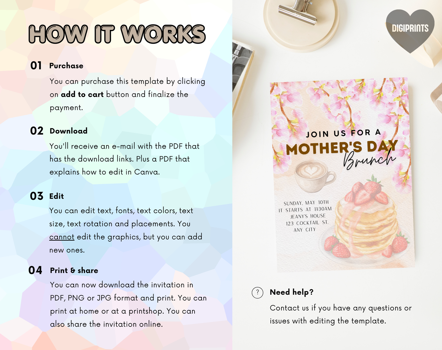 Mother's Day Brunch Pancakes Invitation Template | Editable Canva Template | 5x7in & WhatsApp | Digital Download