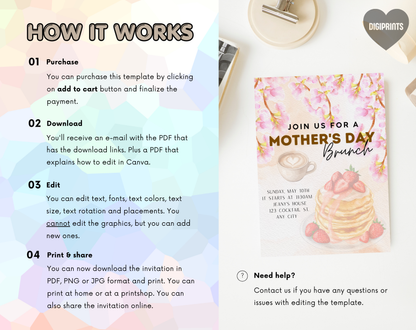 Mother's Day Brunch Pancakes Invitation Template | Editable Canva Template | 5x7in & WhatsApp | Digital Download