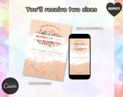 Mother's Day Lunch Invitation Template Floral | Editable Canva Template | 5x7in & WhatsApp | Digital Download