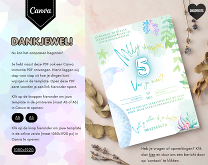 Zeemeermin 5e Verjaardag Uitnodigingstemplate | Bewerkbare Canva Template | A5, A6 & WhatsApp | Digitale Download