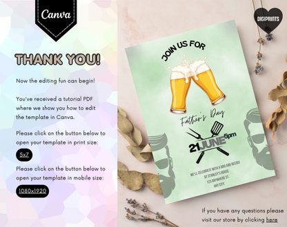 Father's Day BBQ and Beers Invitation Template | Editable Canva Template | 5x7in & WhatsApp | Digital Download