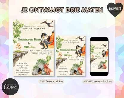 Dinosaurus 3e Verjaardag Uitnodiging DRIE-Rex | Canva Template | A5 A6 WhatsApp | Download