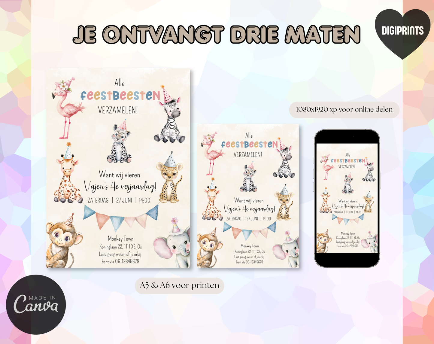 Jungle Dieren Kinderfeestje Uitnodigingstemplate Beige | Bewerkbare Canva Template | A5, A6 & WhatsApp | Digitale Download