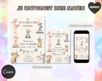Jungle Dieren Kinderfeestje Uitnodigingstemplate Beige | Bewerkbare Canva Template | A5, A6 & WhatsApp | Digitale Download