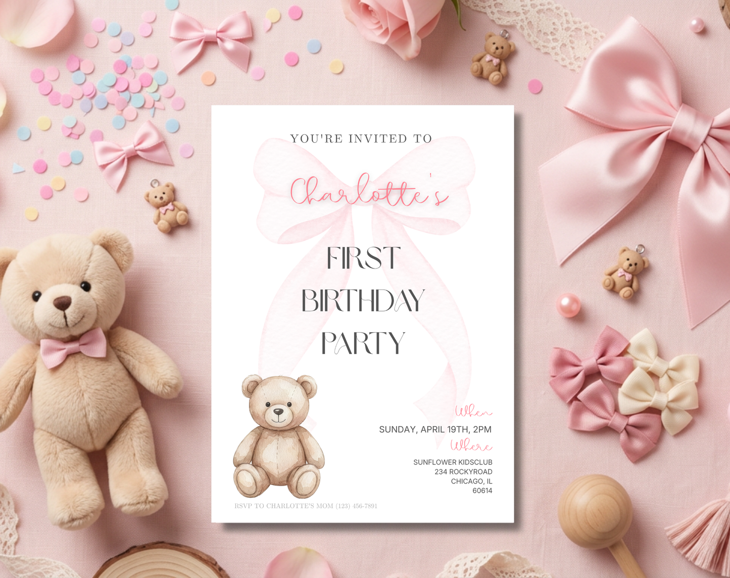 Teddy Bear First Birthday Invitation Template | Editable Canva Template | 5x7in & WhatsApp | Digital Download