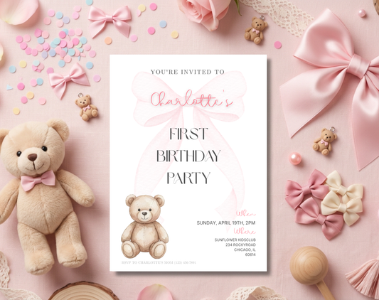 Teddy Bear First Birthday Invitation Template | Editable Canva Template | 5x7in & WhatsApp | Digital Download
