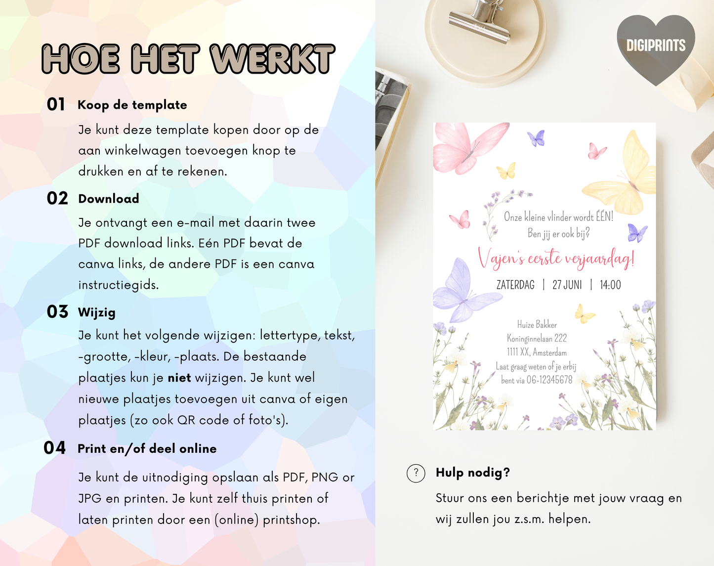 Vlinder Kinderfeestje Uitnodigingstemplate | Bewerkbare Canva Template | A5, A6 & WhatsApp | Digitale Download