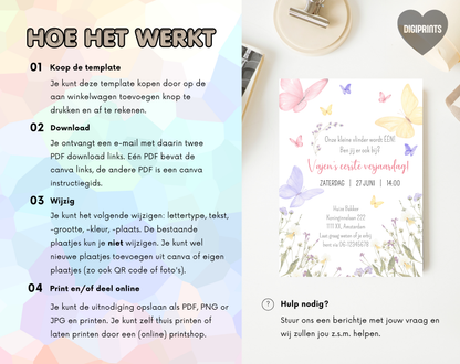 Vlinder Kinderfeestje Uitnodigingstemplate | Bewerkbare Canva Template | A5, A6 & WhatsApp | Digitale Download