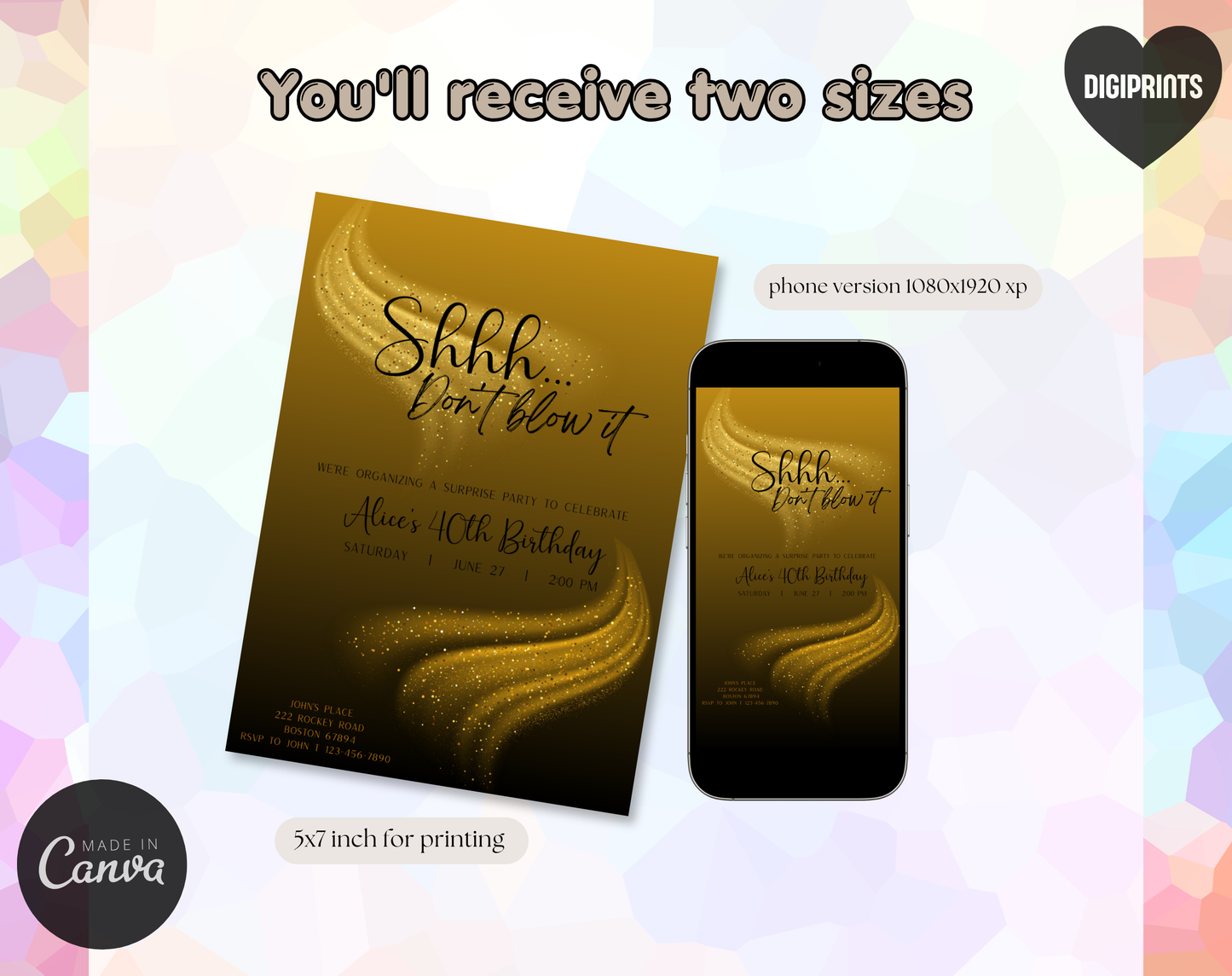 Surprise 40th Birthday Invitation Template Gold Black | Editable Canva Template | 5x7in & WhatsApp | Digital Download