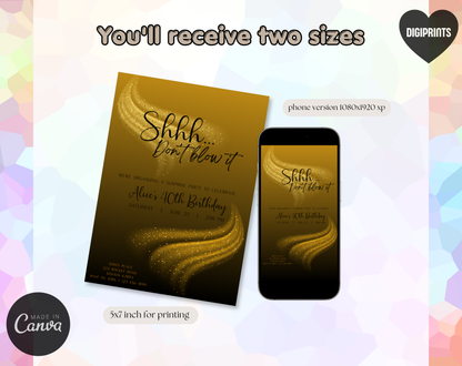 Surprise 40th Birthday Invitation Template Gold Black | Editable Canva Template | 5x7in & WhatsApp | Digital Download