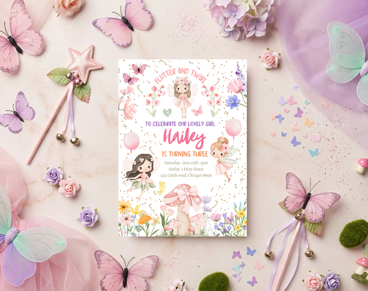 Fairy Garden Third Birthday Invitation Template | Editable Canva Template | 5x7in & WhatsApp | Digital Download