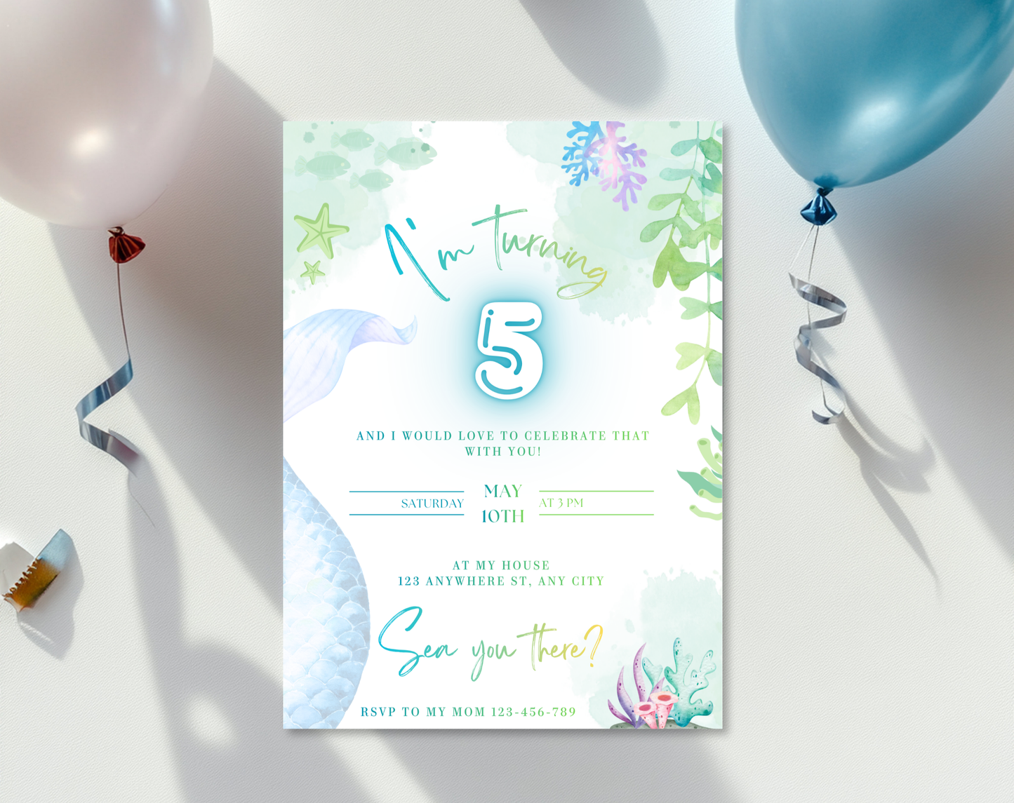 Mermaid Fifth Birthday Invitation Template | Editable Canva Template | 5x7in & WhatsApp | Digital Download