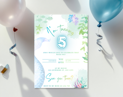 Mermaid Fifth Birthday Invitation Template | Editable Canva Template | 5x7in & WhatsApp | Digital Download