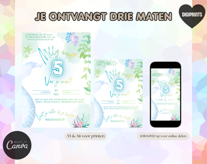 Zeemeermin 5e Verjaardag Uitnodigingstemplate | Bewerkbare Canva Template | A5, A6 & WhatsApp | Digitale Download
