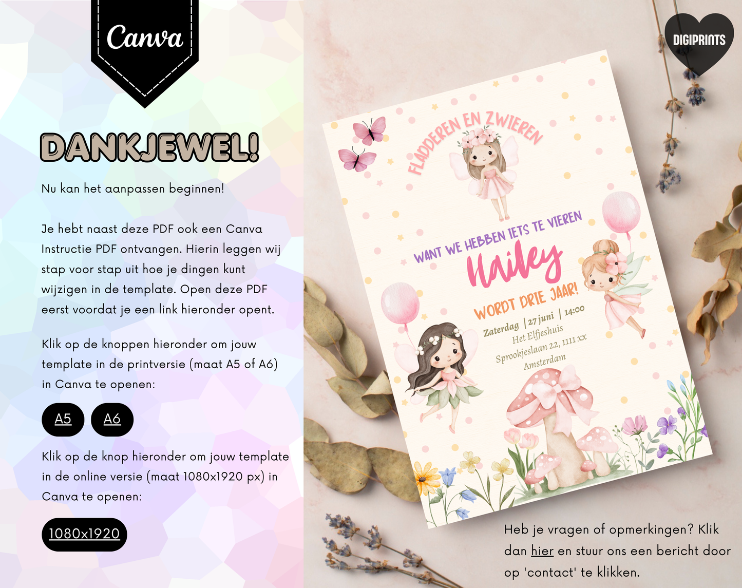 Elfjes Kinderfeestje Uitnodigingstemplate Beige | Bewerkbare Canva Template | A5, A6 & WhatsApp | Digitale Download